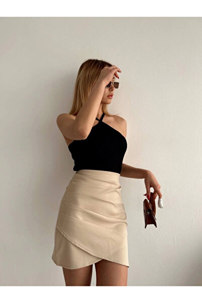 hibiscus Asymmetrical Skirt with Side Drapes Beige S24771