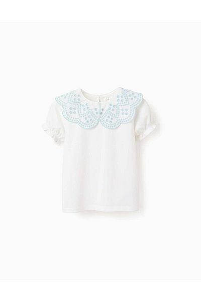 Ziddy T-shirt with English Embroidery Collar for Girls, White/Aqua Green