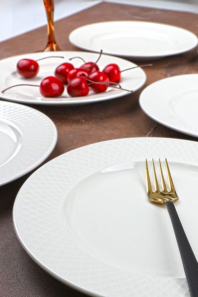Porselen Diyarı Porcelain 6-Piece Oslo White Embossed Detailed Cake Plate 20 cm