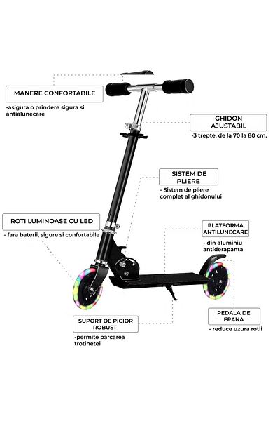 Elindor Foldable Scooter with Adjustable Handlebar, LED Wheels, Black