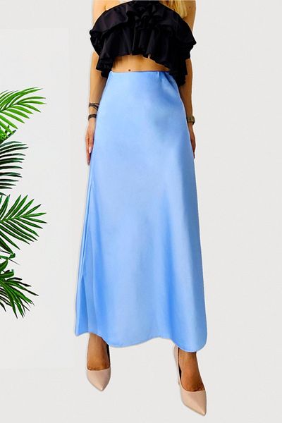 FashionForYou Elegant Penelope skirt, with satin texture and long cut, Baby blue, Size S/M/L