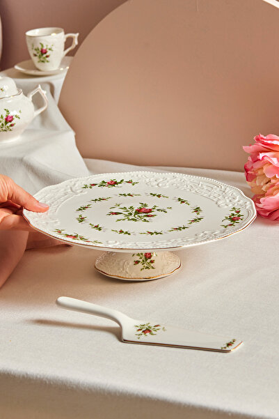 Karaca Vintage Rose 2 parça Spatulalı Kek Servis Seti 30 cm Krem
