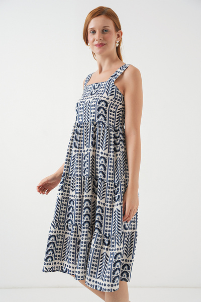 Bigdart Women's Patterned Strap Midi Dress 2577 - Cream