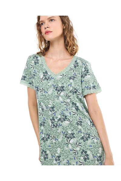 R&B Printed Nightdress With V-Neck and Short Sleeves