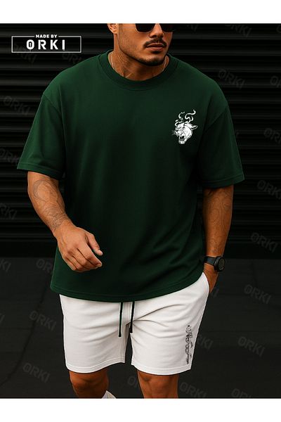 EFFRENATU Orki Tigerblade – Tiger & Sword Printed Oversize Men's Forest Green T-Shirt Biyaz Shorts Set