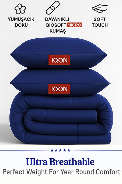 İQON Microfiber Soft Silicone Double Quilt Pillow Set Navy Blue