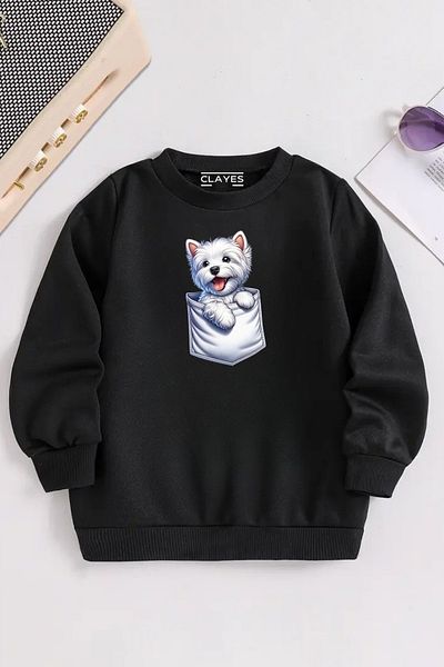 VBSVİBES Children's Black Crew Neck Pocket Detail Dog Printed, Winter Thick Raised Fabric