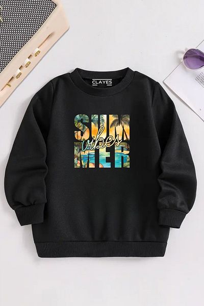 VBSVİBES Children's Black Crew Neck Summer Vibes Printed, Winter Thick Raised Fabric