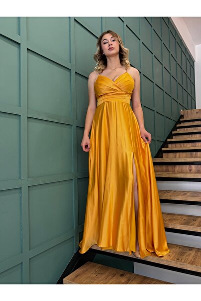 AYHAN Satin Long Evening Dress with Slit and Thin Straps