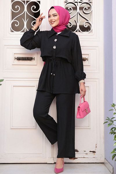N.S NEVA STYLE Button Detailed Black Hijab Double Set 40391S