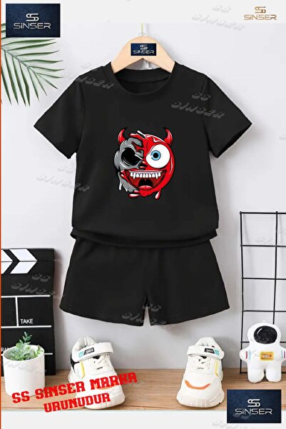SS SİNSER تي شيرت للأطفال للجنسين "SMILE ONE EYE RED HORNS" مطبوع خاص برقبة د...