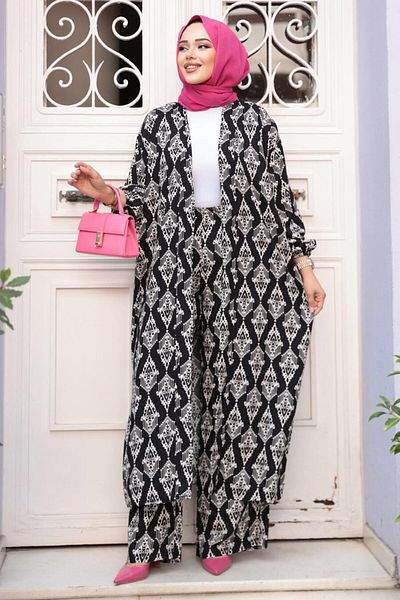 N.S NEVA STYLE Patterned Black Hijab Double Kimono Set 12888S