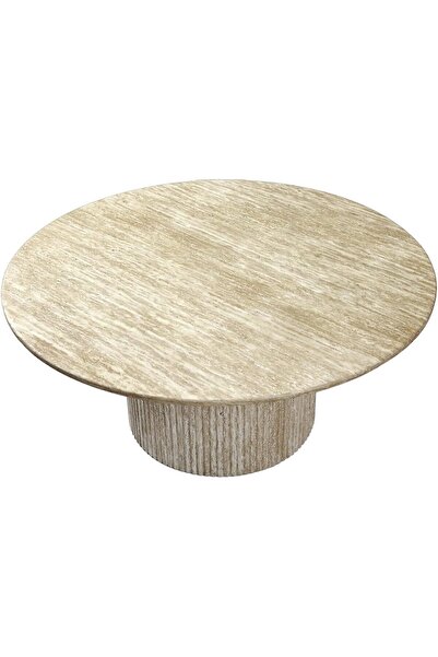 Vanity Living - Round Coffee Table, Cream Marble Look, 100 cm Diameter, Travertine Stone Style, Curv