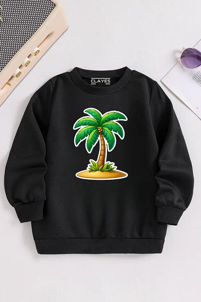 VBSVİBES Children's Black Crew Neck Palm Printed, Winter Thick Raised Fabric