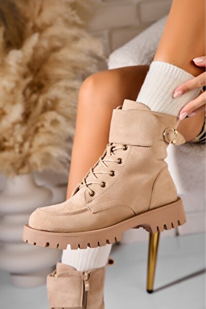 Joana Γυναικείες μπεζ μπότες με επένδυση γούνας από οικολογικό σουέτ δέρμα To...