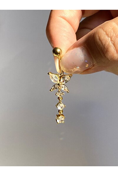 kurukafagift Çelik Göbek Piercing Kelebek Zirkon Taşlı Sallantılı Üç Sıralı