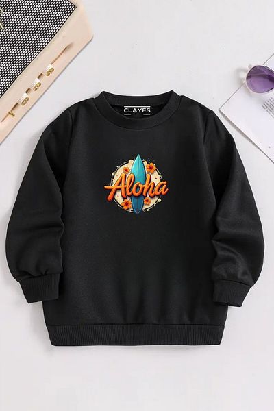 CLAYES Children's Black Crew Neck Aloha Printed, Winter Thick Raster Fabric