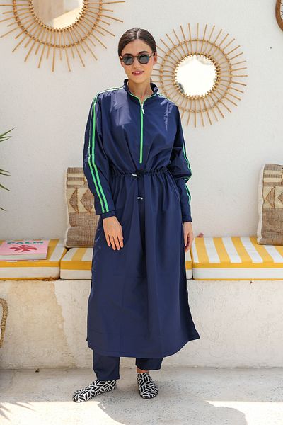 BAE SWIMWEAR Hayaa Blue with Green Stripes Extra Long Burkini