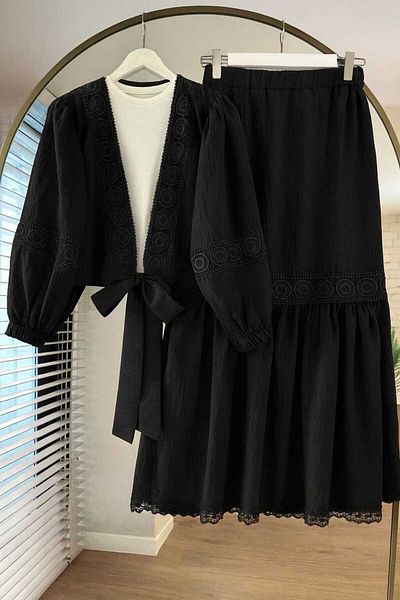 N.S NEVA STYLE Lace Detailed Black Hijab Skirt Double Set 40201S