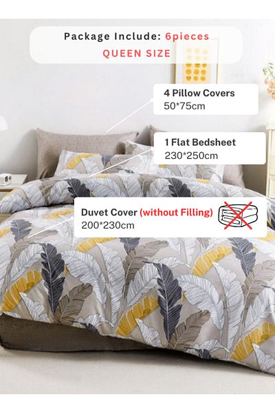 LUNA HOME Queen size 6 pieces Bedding Set without filler, Beautiful Leaves Design 200x230cm.