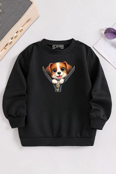 Sweetline Children's Black Crew Neck Zipper Dog Printed, Winter Thick Raised Fabric