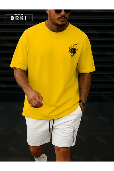 EFFRENATU Orki Tigerblade – Tiger & Sword Printed Oversize Men's Yellow T-Shirt and White Shorts Set