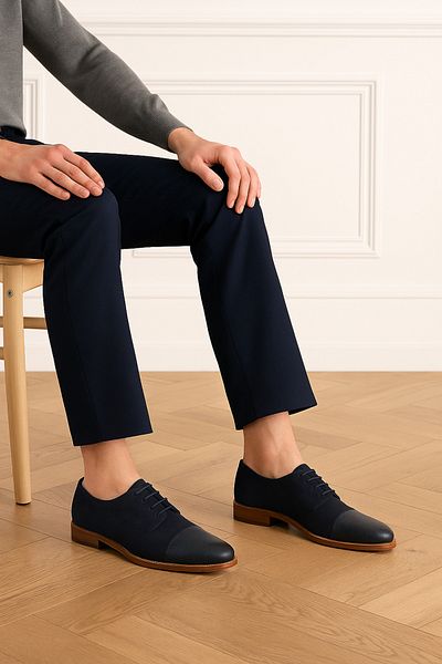 Deriderim Navy Blue Mixed Texture Quilted Toe Leather Classic Men's Shoes