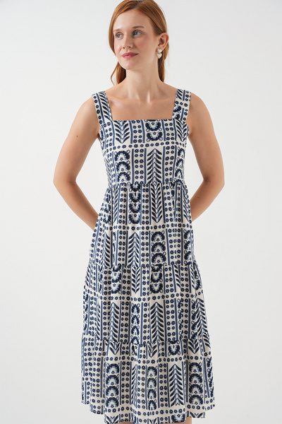 Bigdart Women's Patterned Strap Midi Dress 2577 - Cream