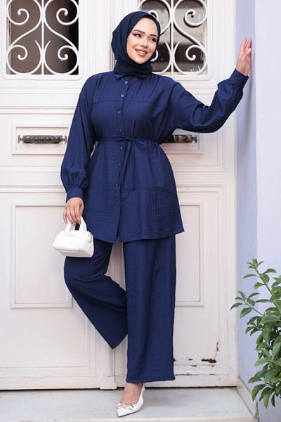 N.S NEVA STYLE Buttoned Navy Blue Hijab Double Set 60341L