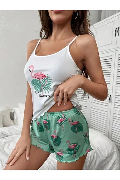HUBANN Flamingo Patterned Suspender Shorts Pajama Set