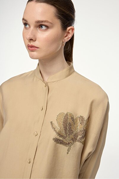 Zühre Beige Double Suit with Stand Collar Processing Detail Tk-1610