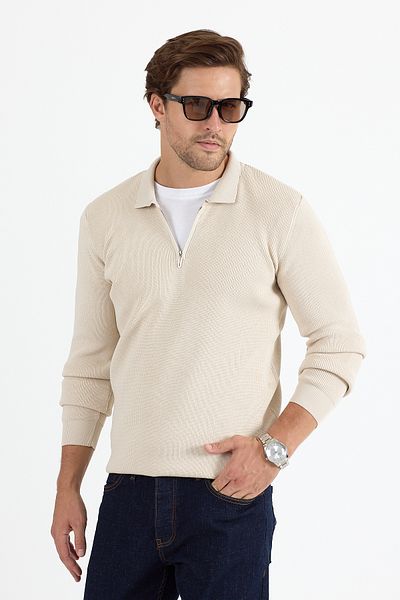GEİO Pulover pentru bărbați, cu croiala normală, cu guler din tricot, cu fermoar