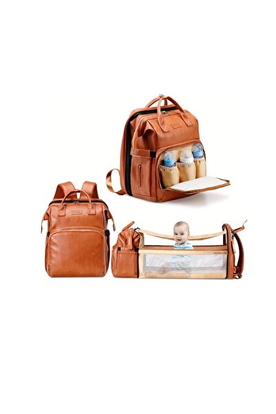 bubblebay حقيبة ظهر جلد 3*1 للحفاضات مع سرير سفر، سرير أطفال قابل للطي للأطفا...