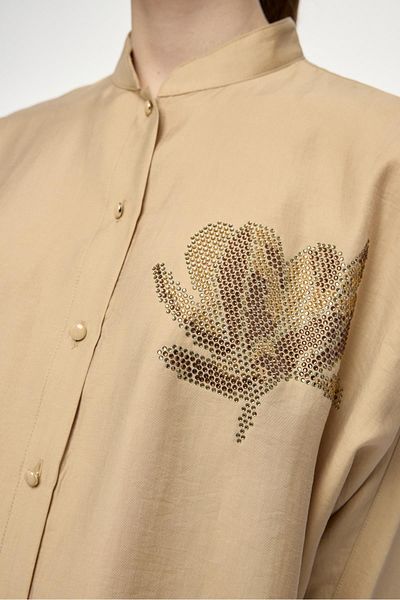 Zühre Beige Double Suit with Stand Collar Processing Detail Tk-1610