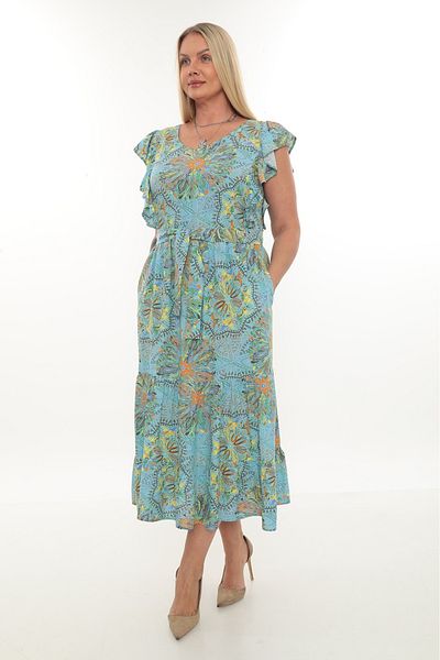 etselements Flounce Sleeve V Neck Belted Patterned Long Viscose Dress 5284