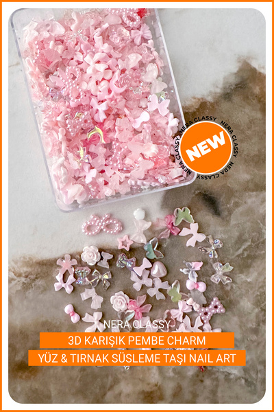 Nera Classy 3D Pembe Renkli Desenli Charm, Takma Tırnak Süsü Charm - (Yüz, Vü...