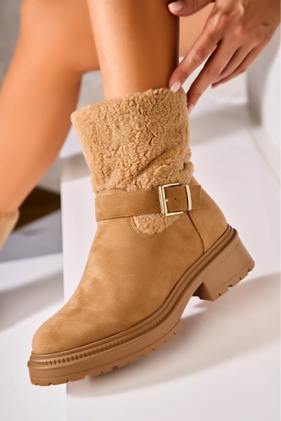 Joana Γυναικείες Μπότες με Γούνα Camel από Οικολογικό Δέρμα Suede Alicea