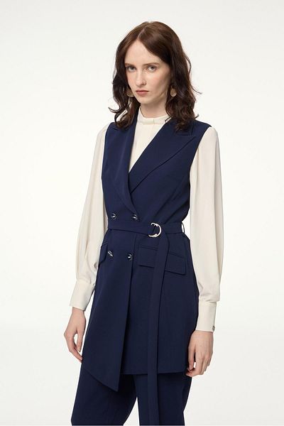 Zühre Double-Breasted navy blue triple combination set with collar belt tk-0911