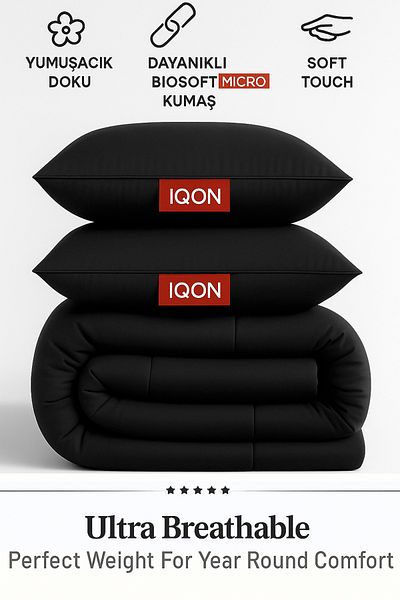 İQON Microfiber Soft Silicone Double Quilt Pillow Set Black