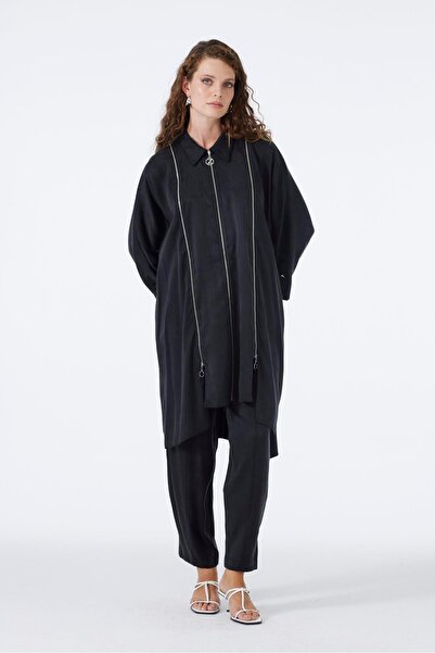 Zühre Shirt Collar Zipper and Sleeve Detailed Black Double Suit Tk-1517