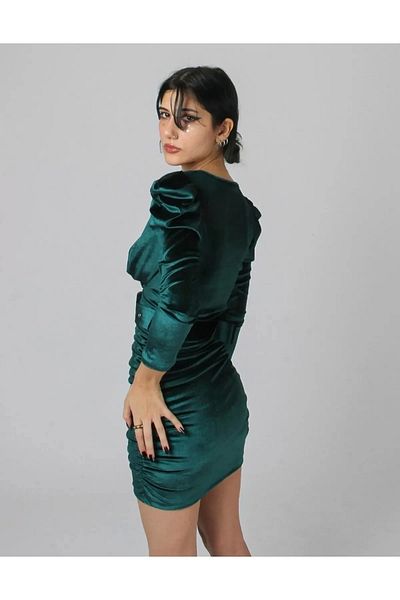 Bak Moda Rochie verde cu mâneci lungi, cu detaliu de centură din catifea satinată