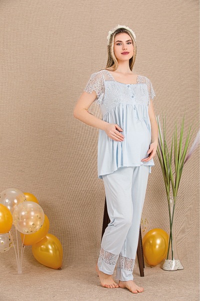Lady Lingerie Kısa Kollu,Dantelli,Sabahlıklı Lohusa-Hamile Pijama Takımı 3'lü Set