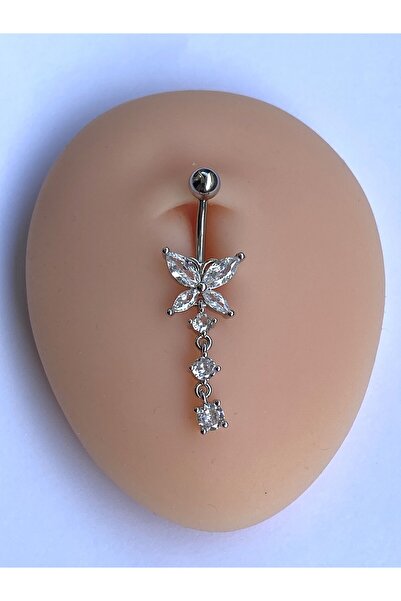 kurukafagift Çelik Göbek Piercing Kelebek Zirkon Taşlı Sallantılı Üç Sıralı