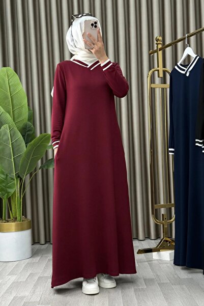 ALYA فستان نسائي من قماش القطن الممشط باللون العنابي