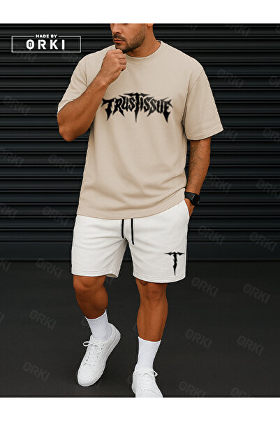 EFFRENATU Orki Trust Issue – Oversize Men's Streetwear Beige T-Shirt & White Shorts Set