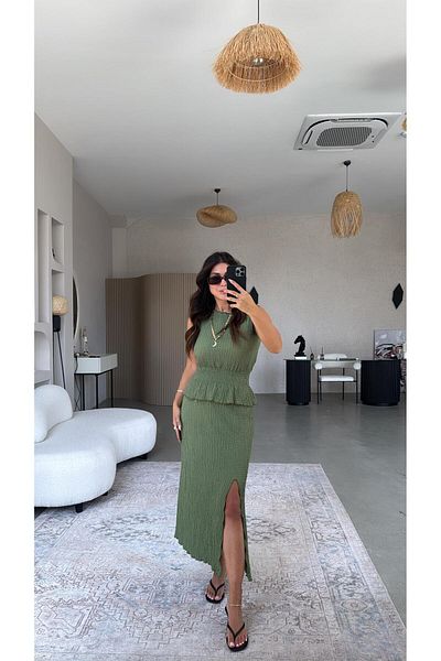 Buket Teke Khaki Slit Skirt and Blouse Seersucker Suit
