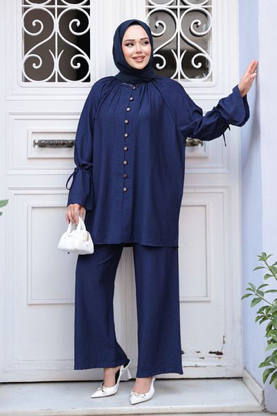 N.S NEVA STYLE Buttoned Navy Blue Hijab Double Set 30451L