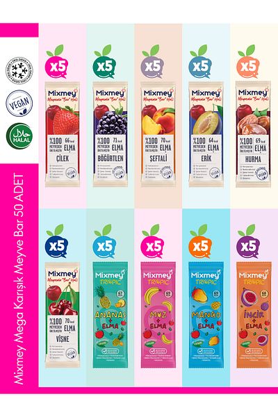 mixmey Mega Mixed Fruit Bar Pack 50 Units |   Healthy Snacks – Vegan, Gluten Free (20Gr X 50 Pcs)