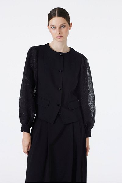 Zühre Lace Sleeve Jacket Skirt Black Double Suit Tk-1529