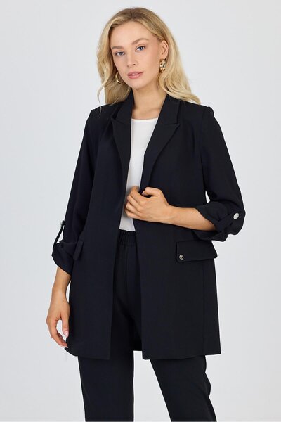 Zühre Double Breasted Collar Pocket Black Jacket C-0145